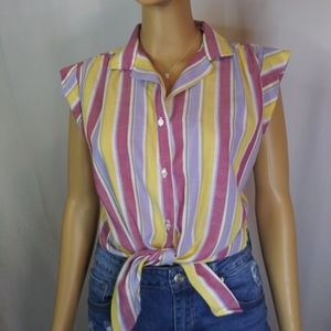 Vintage Striped Tie Front Button Up Blouse Size SM